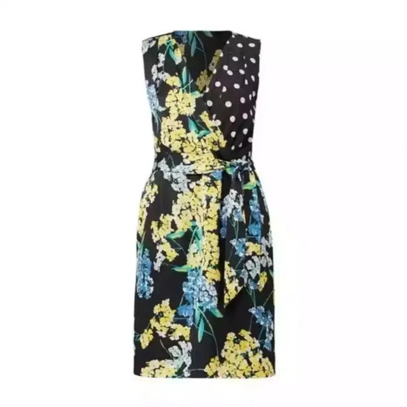 Slate & Willow Yellow Mixed-Media Floral Polka Dot Faux-Wrap Sheath V-neck 12 - Picture 3 of 16